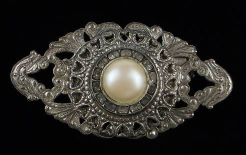 Stunning Antique 1940s Rhinestone Faux Pearl Brooch: excellent condition