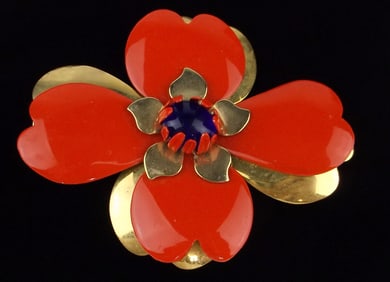 Stunning Big Vint 1960s Enameled Rhinestone Flower Brooch