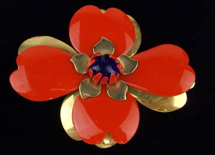 Stunning Big Vint 1960s Enameled Rhinestone Flower Brooch: excellent condition