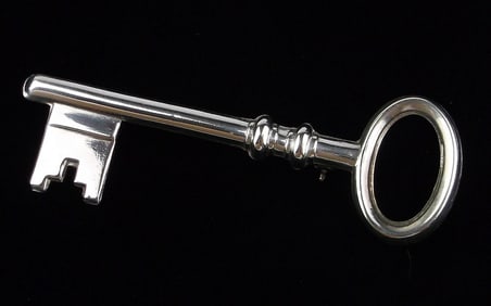 Mint Antique 1940s Sterling Silver Key Brooch Life Size