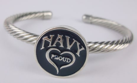 Mint Enameled Navy Proud Cuff Bracelet 7-8"