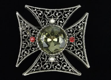 Mint Vintage 1960s Enameled Rhinestone Cross Brooch