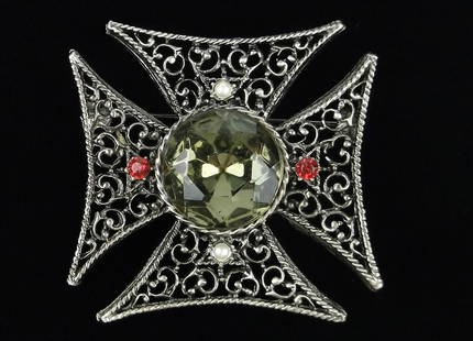 Mint Vintage 1960s Enameled Rhinestone Cross Brooch: Mint Condition, In Like New Condition, Perfect