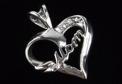 Mint Vintage Sterling Silver Diamond Mom Heart Pendant