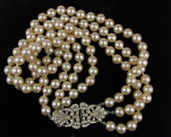Antique 1940s Rhinestone Faux Pearl Necklace 18"