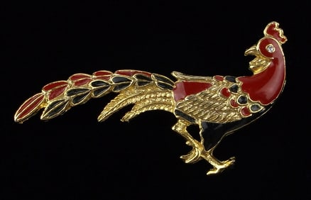 Mint Vintage Enameled Rhinestone Peacock Brooch