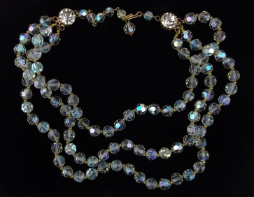 Mint Antique 1950s Crystal 3 Row Necklace 16"