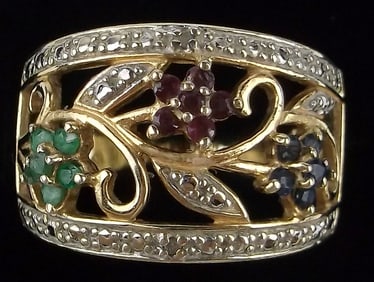 Gold Over Sterling Diamond Emerald Ruby Sapphire Ring 9