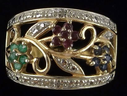 Gold Over Sterling Diamond Emerald Ruby Sapphire Ring 9: Guaranteed Solid 925 Sterling Silver, in Excellent Condition