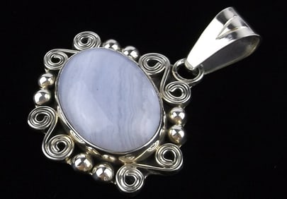 Big Mint Vint Thick Taxco Sterling Silver Lace Agate Pendant