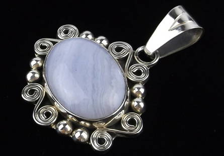 Big Mint Vint Thick Taxco Sterling Silver Lace Agate Pendant: Guaranteed Solid 925 Sterling Silver, in Excellent Condition