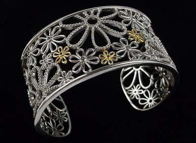 New Big Designer Sterling 14kt Gold Diamond Cuff Bracelet 8"