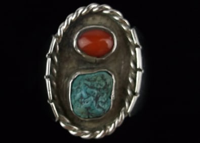 Mint Big 1960s Navajo Sterling Turquoise Coral Mens Ring 10