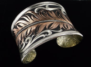 Huge Mint Vint Montana Silversmiths Cuff Bracelet 7.5-8" Feather