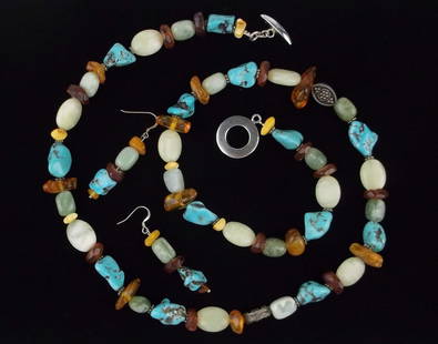 Mint Sterling Silver Turquoise Amber Jade Necklace Earrings 30": Guaranteed Solid 925 Sterling Silver, in Excellent Condition