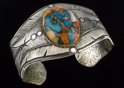 HUGE Vint Montana Silversmiths Turquoise Spiny Cuff Bracelet 8"
