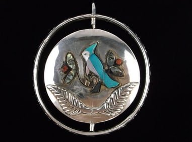 HUGE 1960s Zuni Joe Quam Sterling Blue Bird Red Bird Pendant