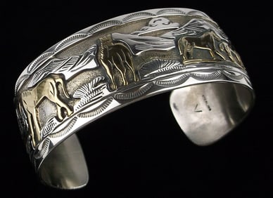 Mint Navajo Verdy Jake Sterling 12kt Horse Storyteller Cuff Bracelet