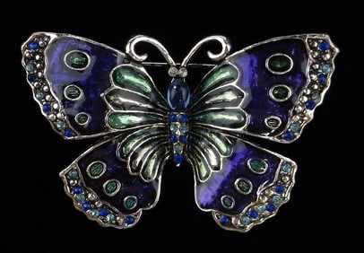 Mint Vintage Enameled Rhinestone Butterfly Brooch