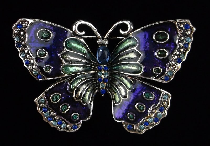 Mint Vintage Enameled Rhinestone Butterfly Brooch