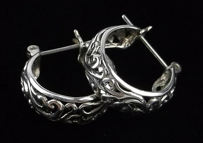 Stunning Vintage Sterling Silver Scroll Hoop Earrings