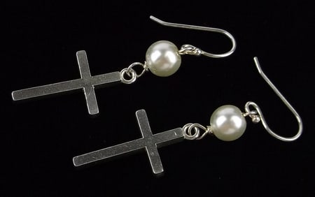 Mint Vintage Sterling Silver Cross Pearl Drop Earrings