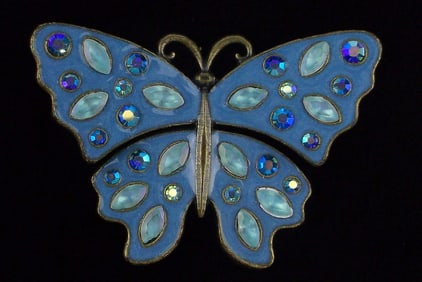 Mint Vintage Enameled Rhinestone Butterfly Brooch