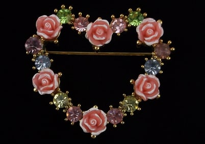 Mint Vintage Designer Rose Rhinestone Heart Brooch