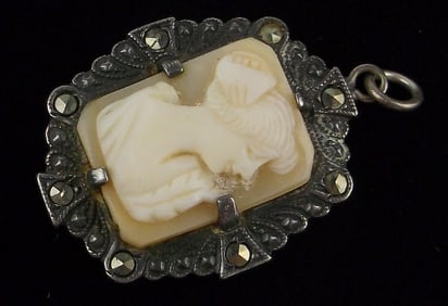 Mint Antique 1910s Sterling Silver Carved Shell Cameo Pendant