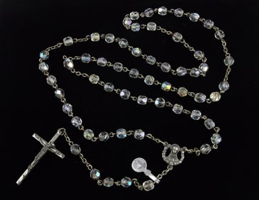 Mint Vintage 1950s Tagged Crystal Catholic Rosary 28"