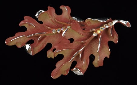 Mint Vintage 1960s BSK Enameled Rhinestone Leaf Brooch