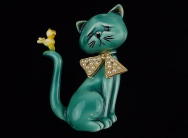 Mint Vintage 1960s HAR Enameled Cat Bird Brooch
