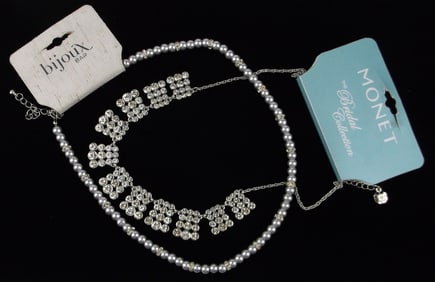 2 New Monet Bijoux Bar Rhinestone Necklace Lot $70
