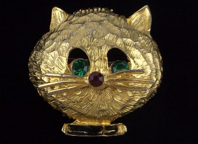 Mint Vintage 1950s Enameled Rhinestone Cat Brooch