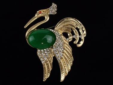 Big Mint Enameled Jelly Belly Rhinestone Bird Brooch