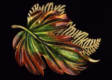Mint Big Vint 1960s Designer Enameled Leaf Brooch