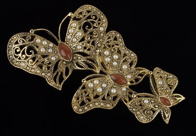 Big Mint Rhinestone Faux Pearl Butterfly Brooch