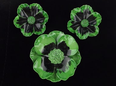 Mint Vintage 1960s Enameled Flower Brooch Earrings Set