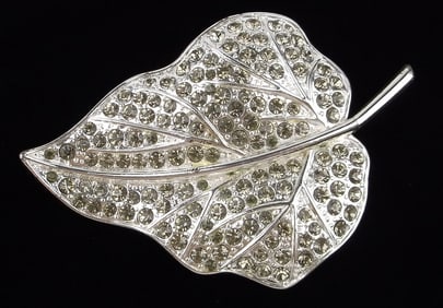 Big Mint Vintage Designer 1960s Crystal Leaf Brooch