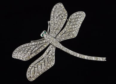 Big New Vintage 1970s Rhinestone Dragonfly Brooch