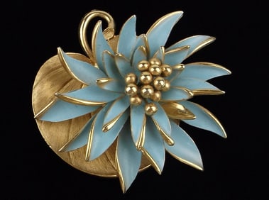 Stunning Big 1950s Marvella Enameled Blooming Lotus Brooch