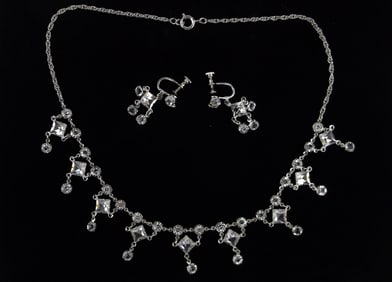 Mint Antique 1920s Art Deco Crystal Necklace Earrings 15" Set
