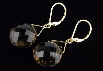 New Boxed 14kt Gold 20cttw Smokey Quartz Earrings