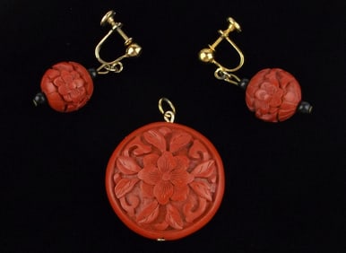 Mint Antique 1950s Carved Cinnabar Pendant Earrings Set