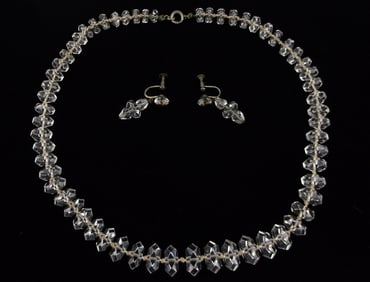 Mint 1890s Victorian Sterling Crystal Necklace Earrings 18" Set