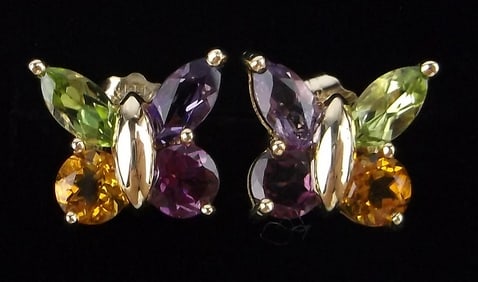 New Boxed 14kt Gold Amethyst Peridot Butterfly Earrings 2.49g