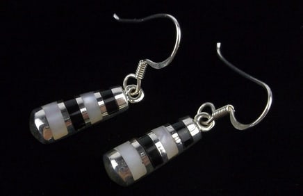 New Vintage Taxco Sterling Silver Onyx MOP Drop Earrings