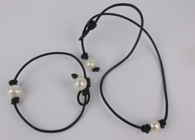 New Vintage Leather Pearl Necklace Bracelet Set 8.5" 16"
