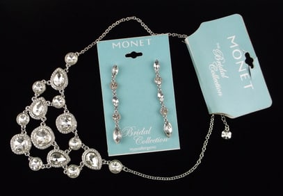 New Monet Rhinestone Bridal Necklace Earrings 20" $64