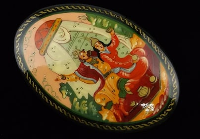New 1960s Hand Painted Russian Wood Prince Princess Brooch